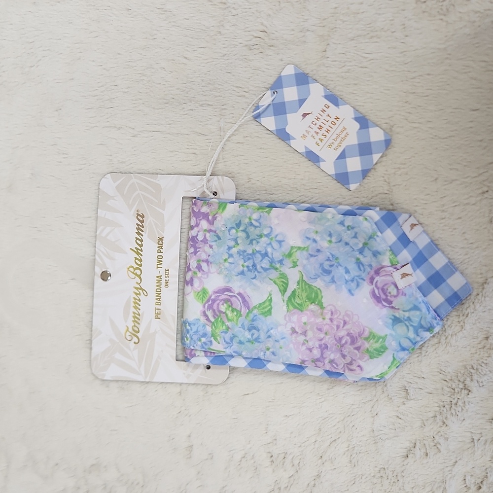 NEW Tommy Bahama Pet Dog Bandana Scarf Set Two-Pack Floral and Gingham Blue